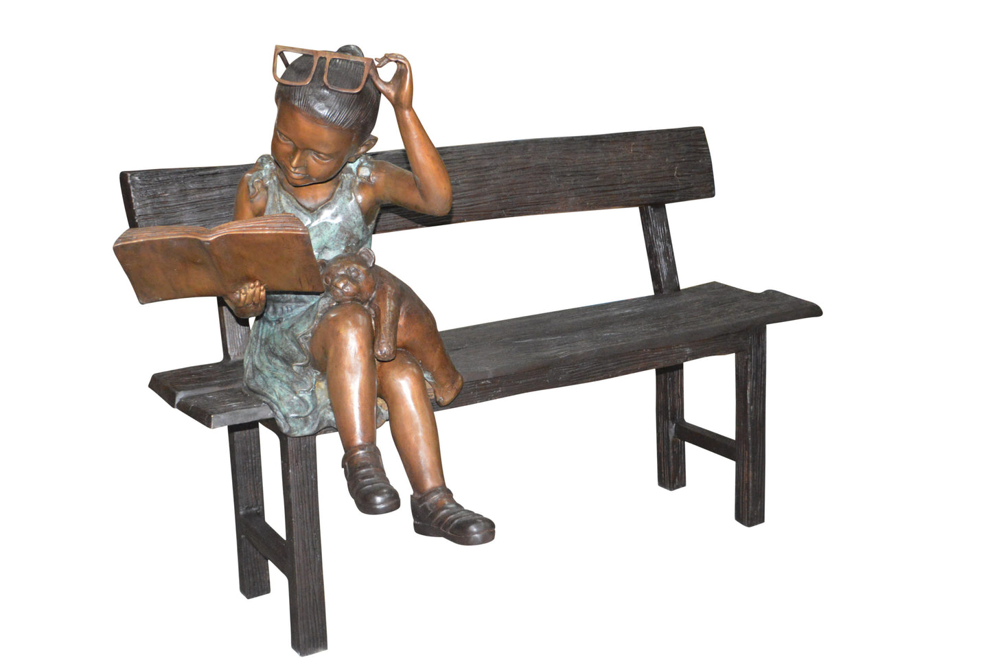 Girl with Glasses on Bench Bronze Statue - Size: 43"L x 20"W x 36"H.