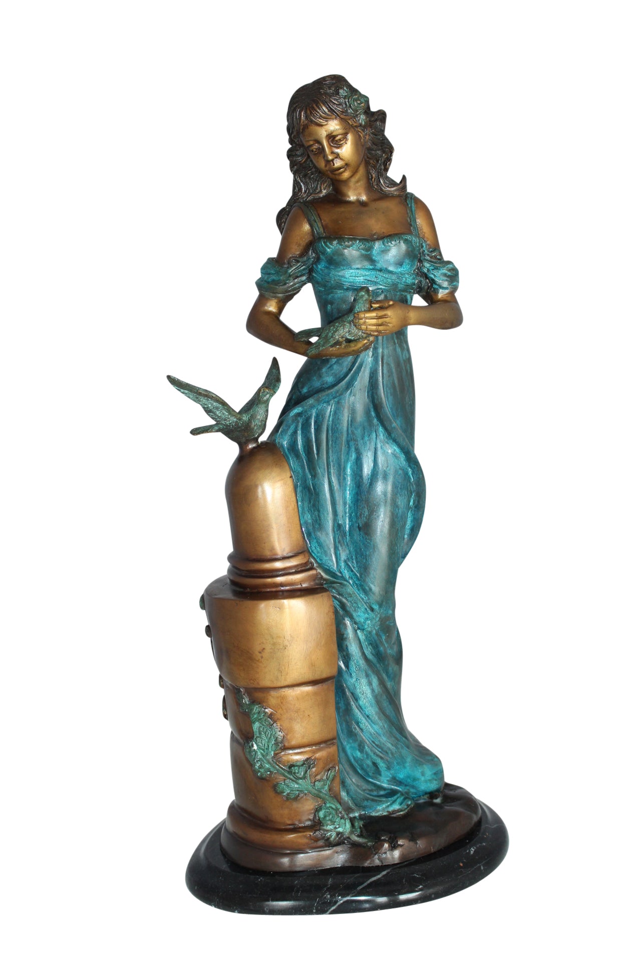 Girl with a Bird Bronze Statue - Size: 7"L x 7"W x 18"H.