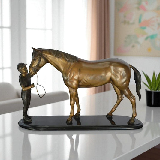 Girl Kisses Her Horse Bronze Statue on Marble Base - Size: 23"L x 6"W x 15"H.