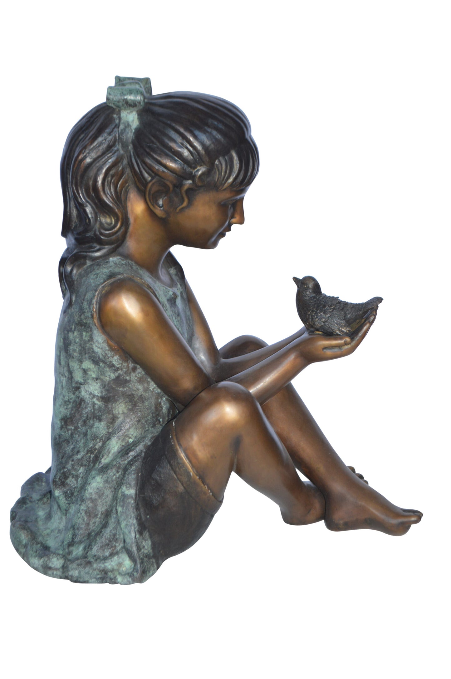 Girl Knees Up Holding a Bird Bronze Statue - Size: 22"L x 14"W x 24"H.