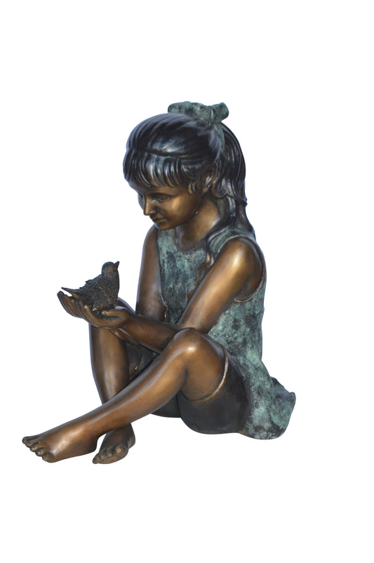 Girl Knees Up Holding a Bird Bronze Statue - Size: 22"L x 14"W x 24"H