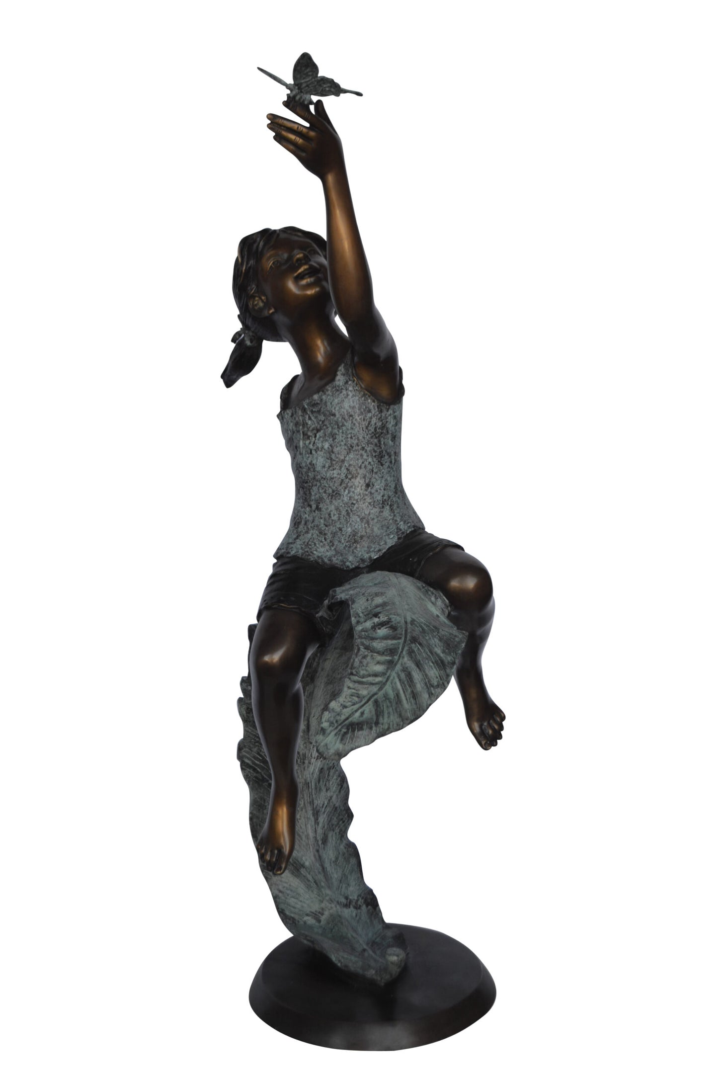 Girl on A Leaf Playing with Butterfly Bronze State - Size: 27"L x 15"W x 45"H.