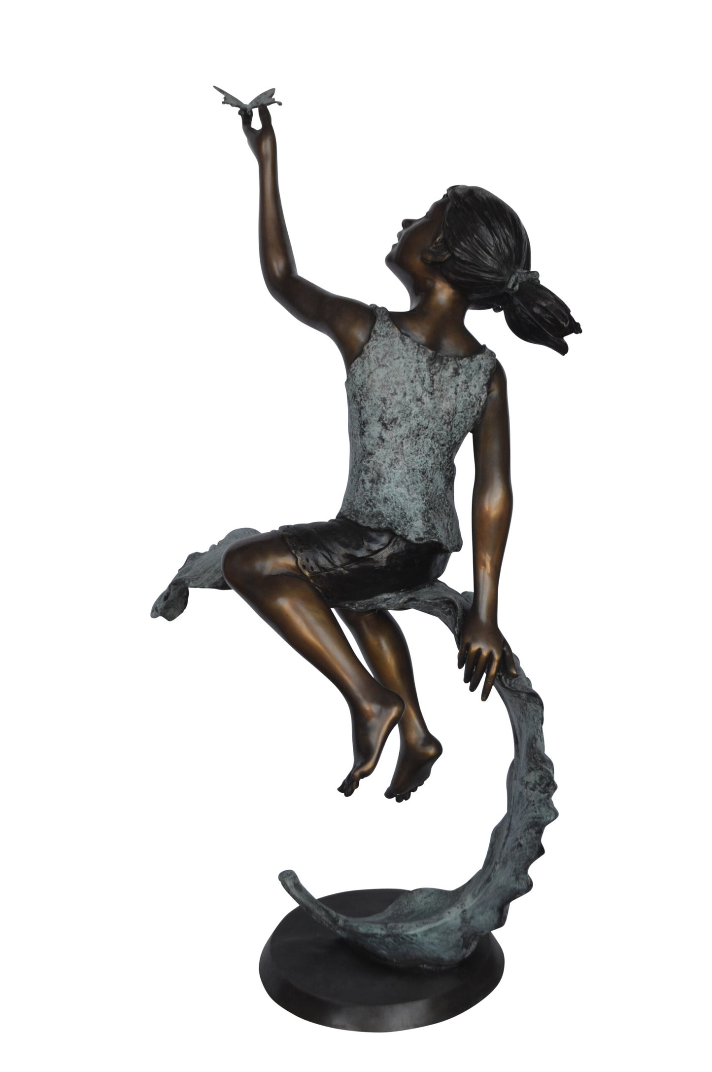 Girl on A Leaf Playing with Butterfly Bronze State - Size: 27"L x 15"W x 45"H.