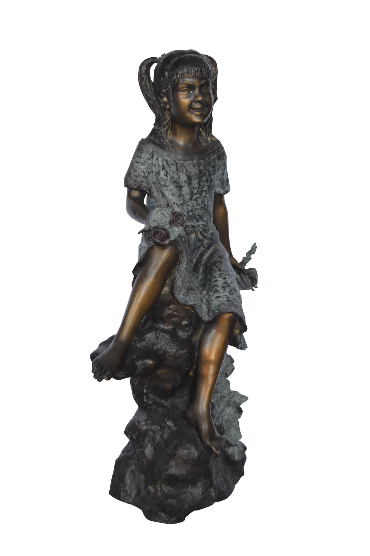 Girl on Tree Trunk Holding Flowers Bronze Statue - Size: 26"L x 11"W x 36"H.