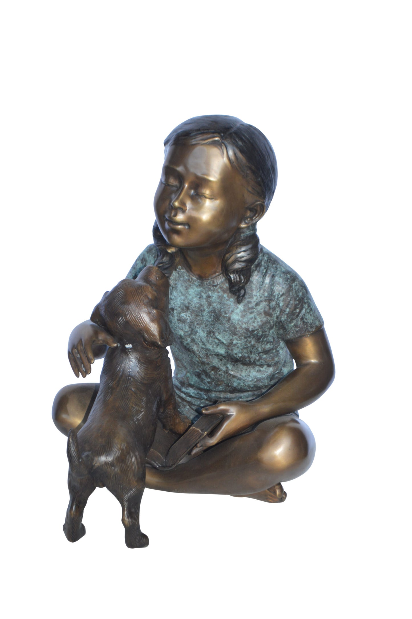 Girl Petting her Dog While Reading Bronze Statue - Size: 13"L x 18"W x 18"H.