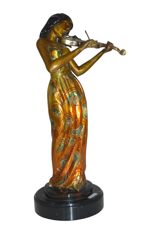 Girl Playing the violin Bronze Statue -  Size: 10"L x 7"W x 19"H.