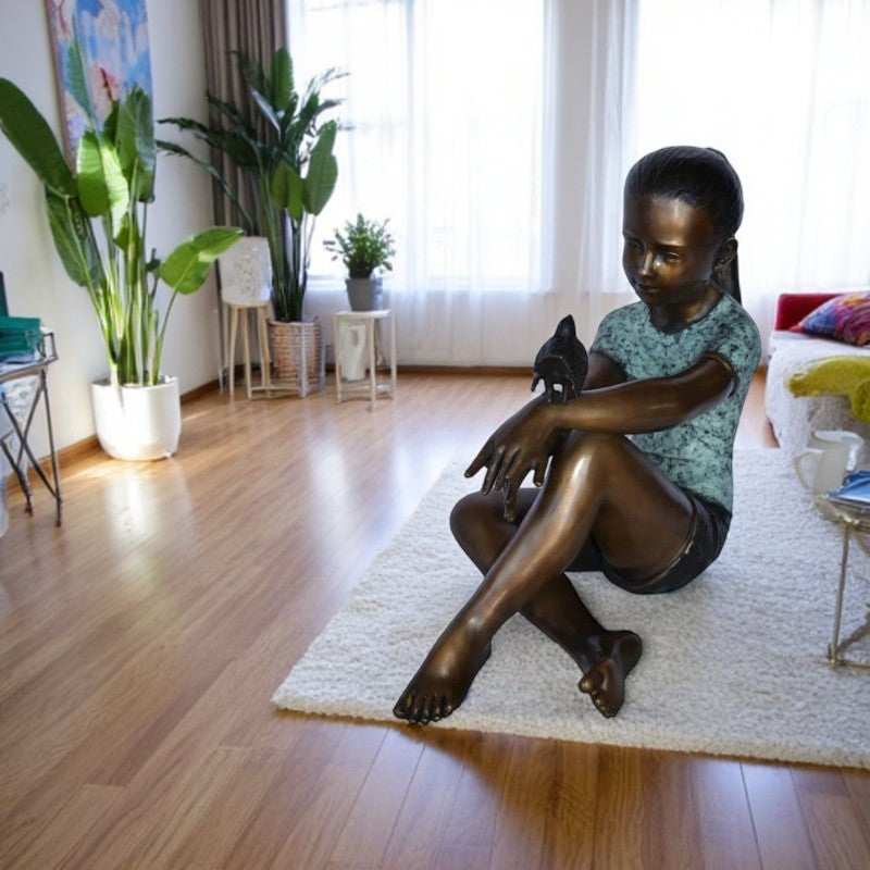 Girl Sitting with A Bird on Her Hand Bronze Statue Size: 23" x 13" x 21"H