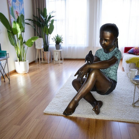 Girl Sitting with A Bird on Her Hand Bronze Statue Size: 23" x 13" x 21"H