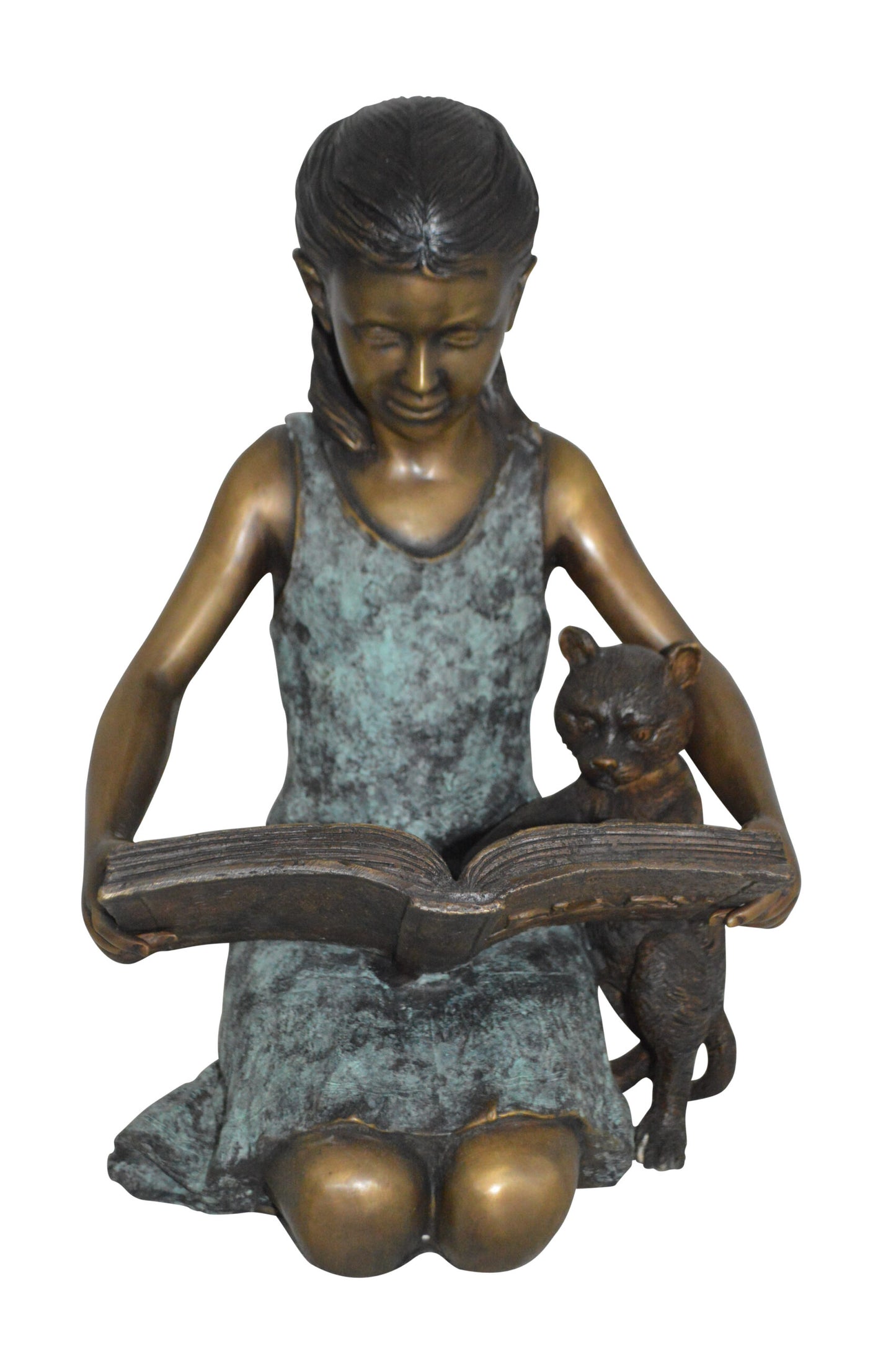 Girl and her dog reading a book Bronze Statue - Size: 20"L x 8"W x 14"H.