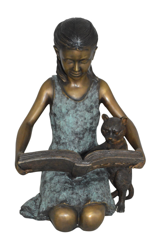 Girl and her dog reading a book Bronze Statue -  Size: 20"L x 8"W x 14"H.