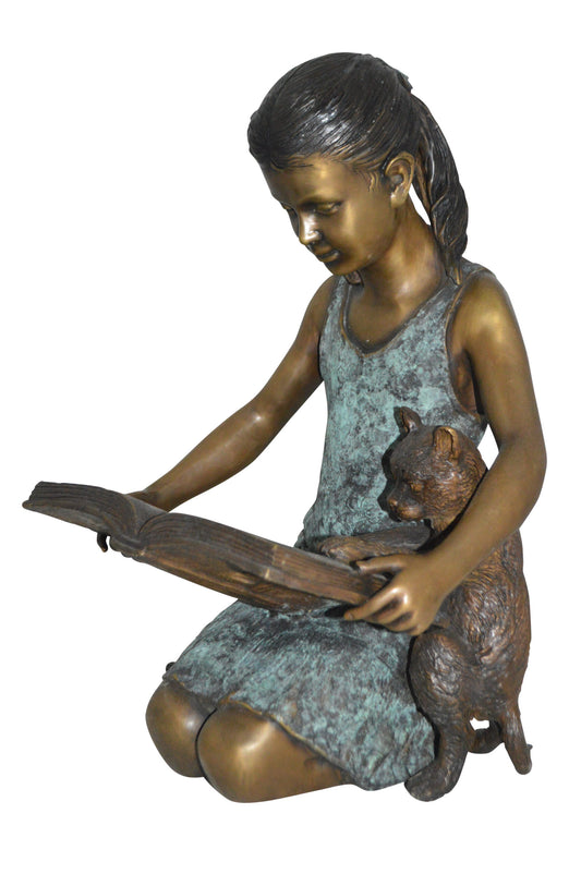 Girl and her dog reading a book Bronze Statue -  Size: 20"L x 8"W x 14"H.