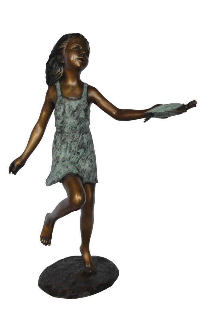 Girl holding turtle bronze fountain statue - Size: 26"L x 19"W x 37"H.