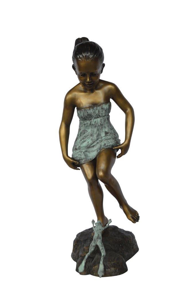 Girl looking at a frog bronze statue - Size: 16"L x 13"W x 36"H.