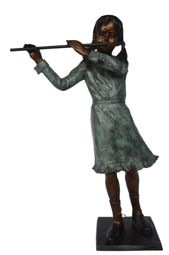 Girl playing flute large bronze statue - Size: 30"L x 15"W x 50"H.