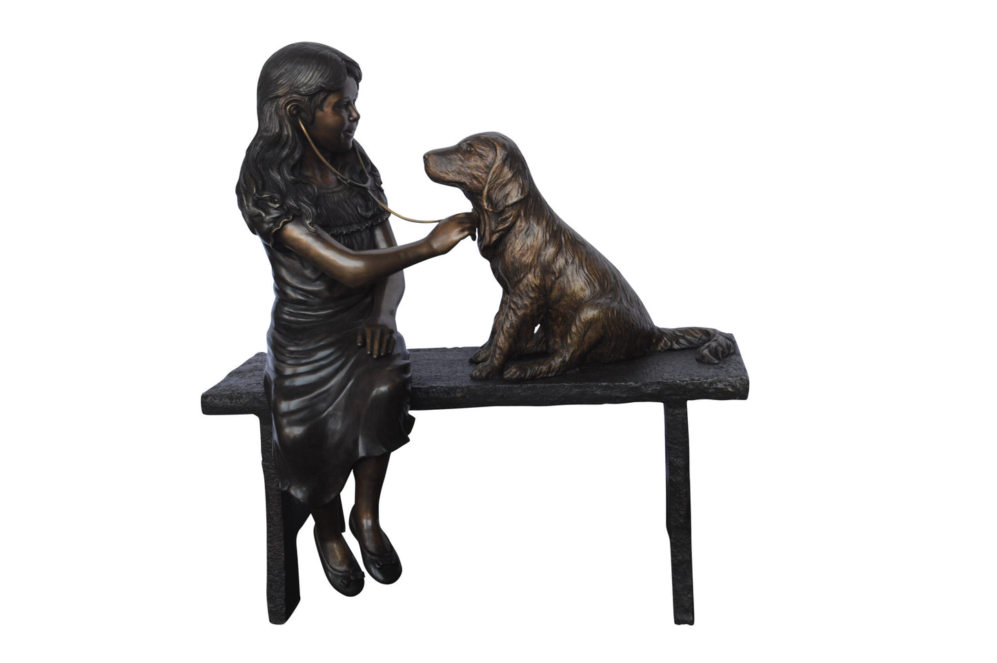 Girl plays Doctor on a Bench W Dog Bronze Statue - Size: 38"L x 18"W x 39"H.