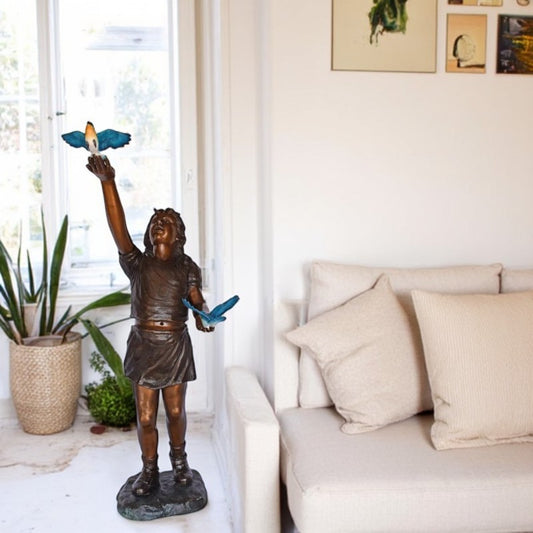 Girl, sandy, with two Blue birds Bronze Statue - Size: 25"L x 23"W x 41"H.