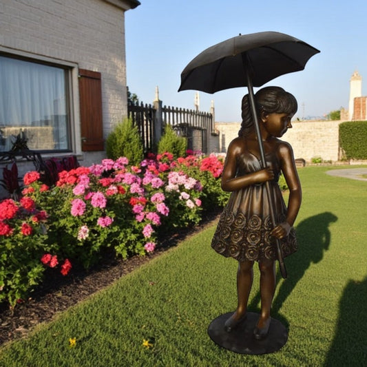 Girl with Elegant Dress W Umbrella Bronze Statue - Size: 22"L x 22"W x 48"H.