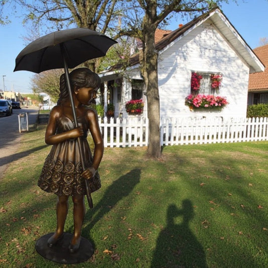 Girl with Elegant Dress W Umbrella Bronze Statue - Size: 22"L x 22"W x 48"H.