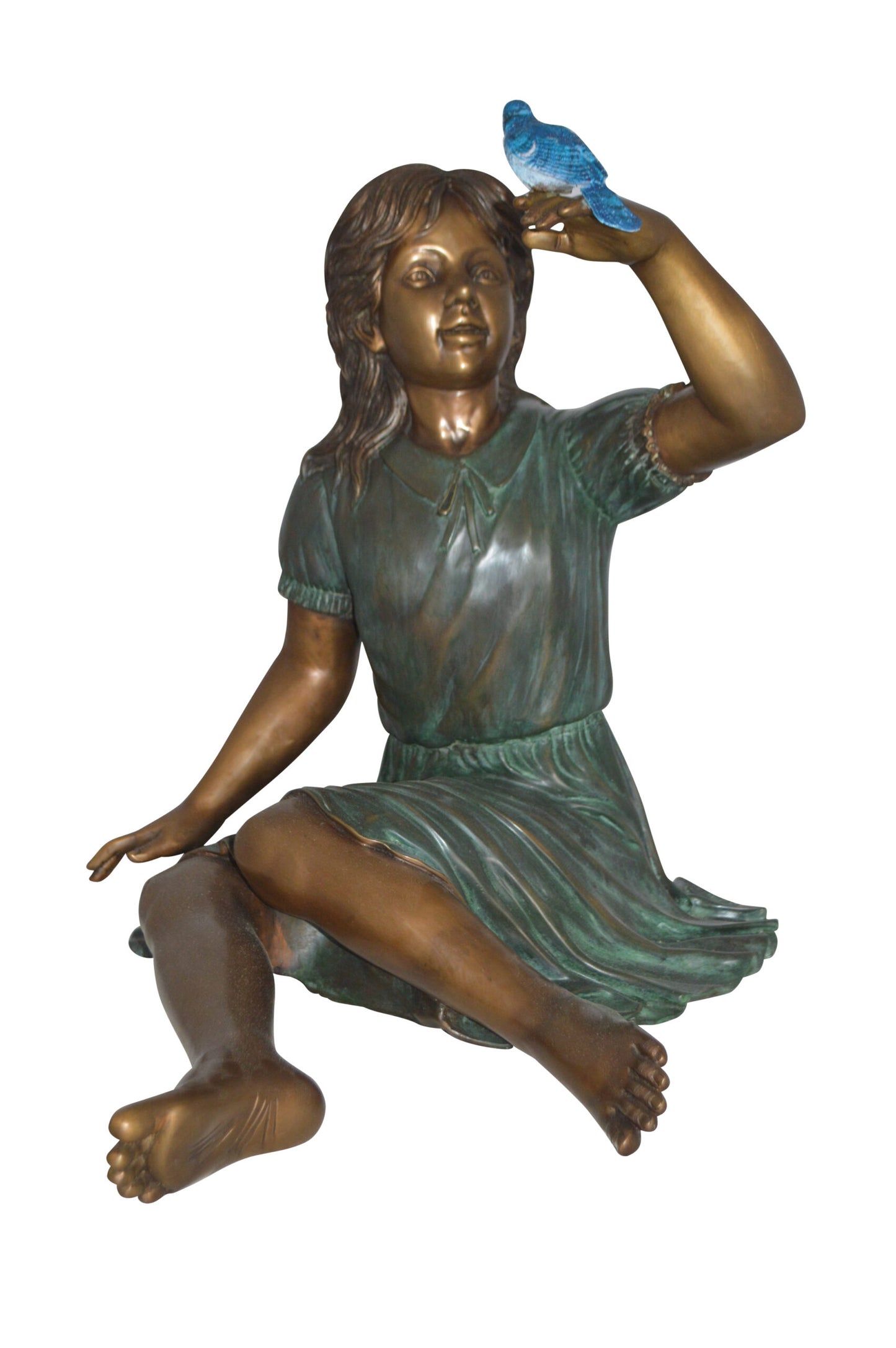 Girl with a Blue Sparrow Bronze Statue - Size: 26"L x 31"W x 25"H.