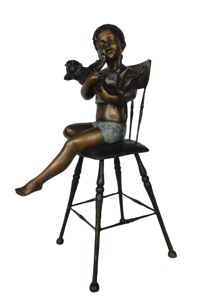 Girl with a cat on a high chair bronze statue - Size: 16"L x 16"W x 38"H.