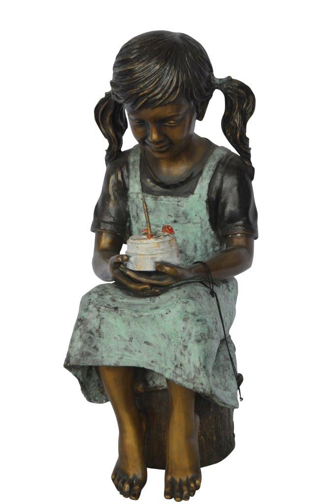 Girl with birthday cake bronze statue - Size: 13"L x 10"W x 27"H.