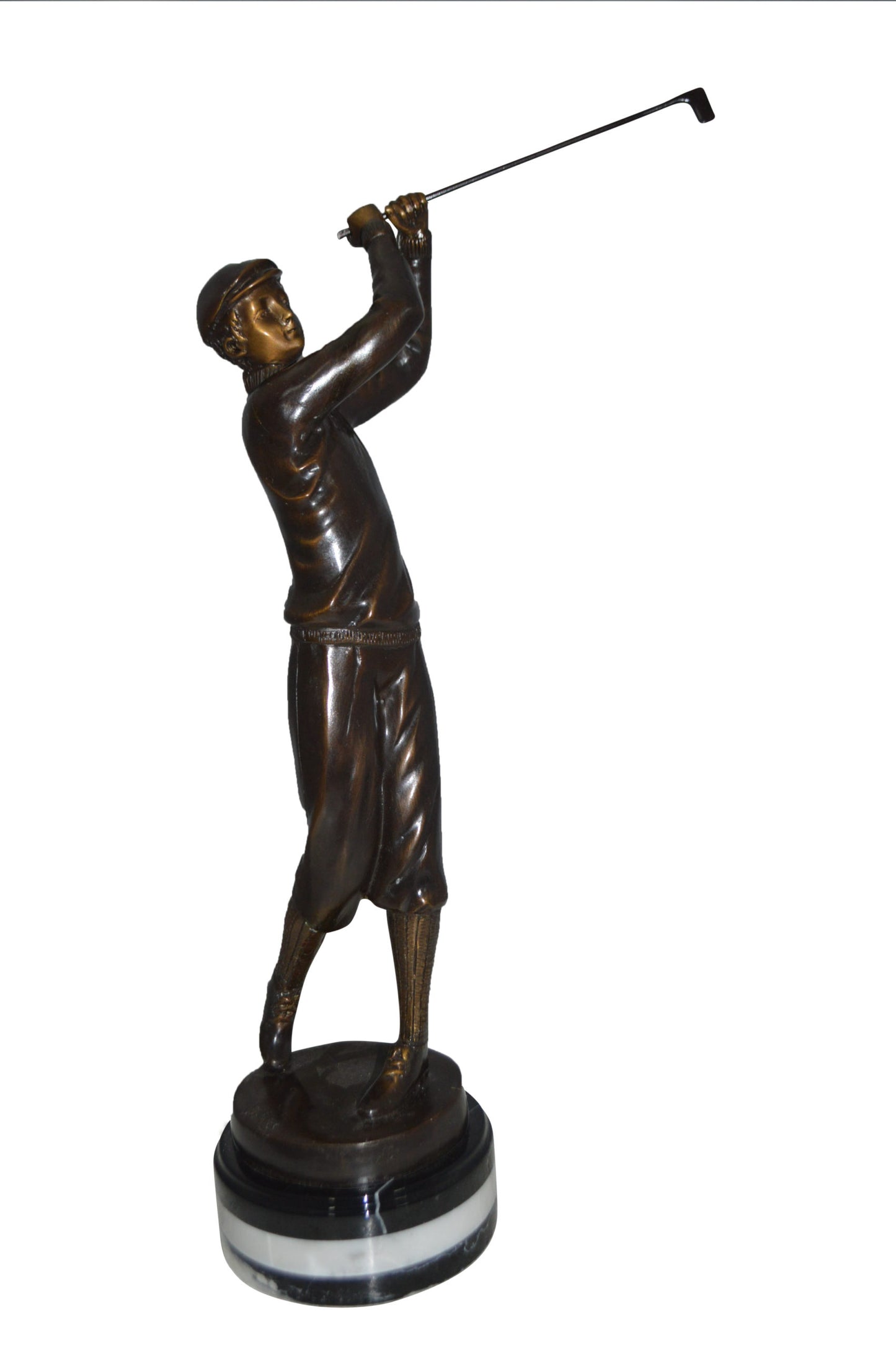 Golfer on Marble Bronze Statue -  Size: 8"L x 8"W x 22"H.