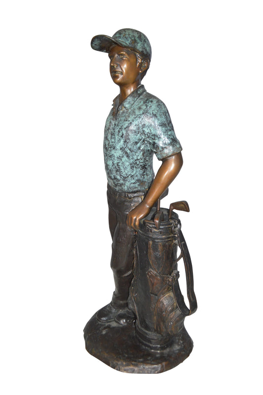 Golfer with bag Bronze Statue -  Size: 12"L x 13"W x 32"H.