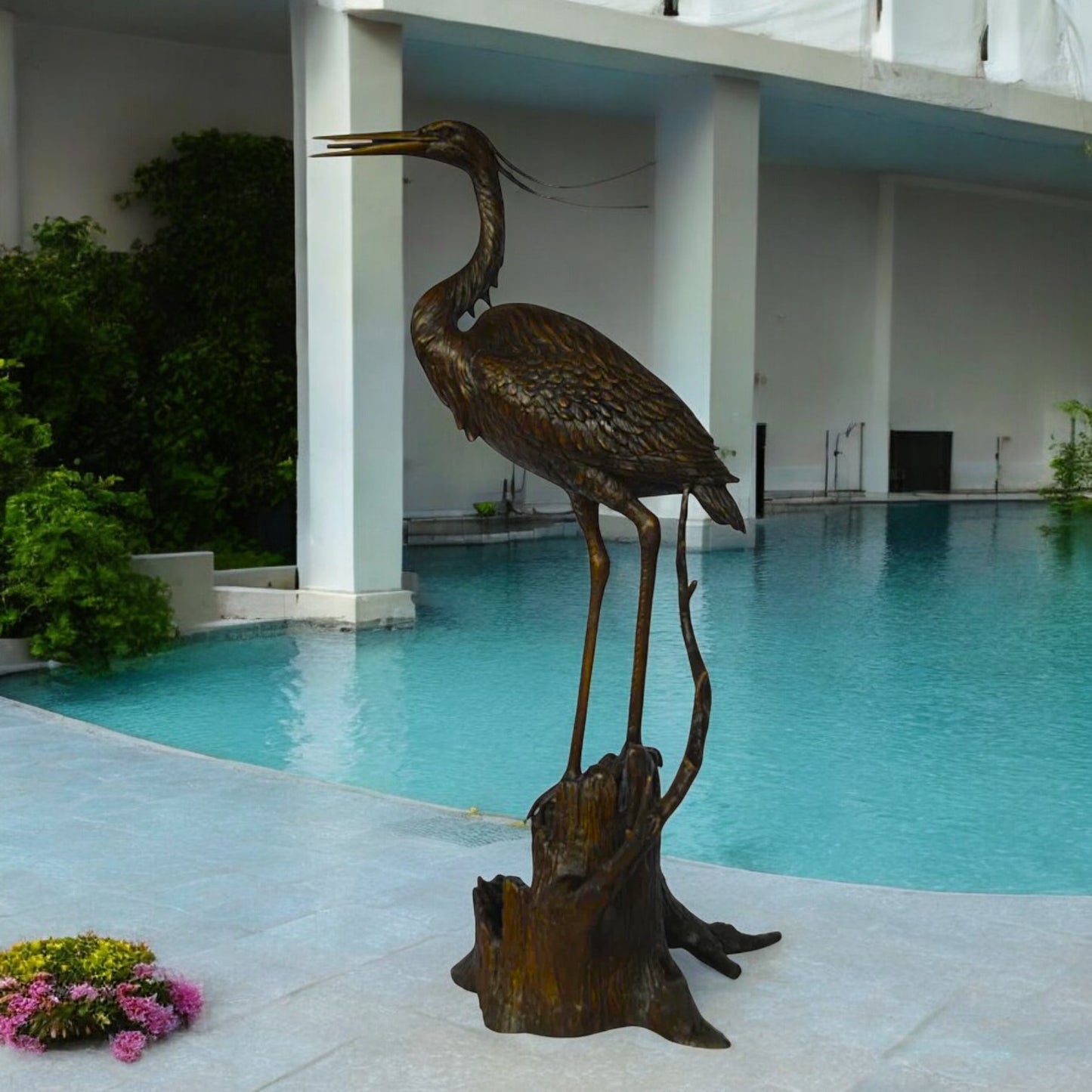Great blue heron perched bronze statue Fountain -  Size: 22"L x 21"W x 49"H.
