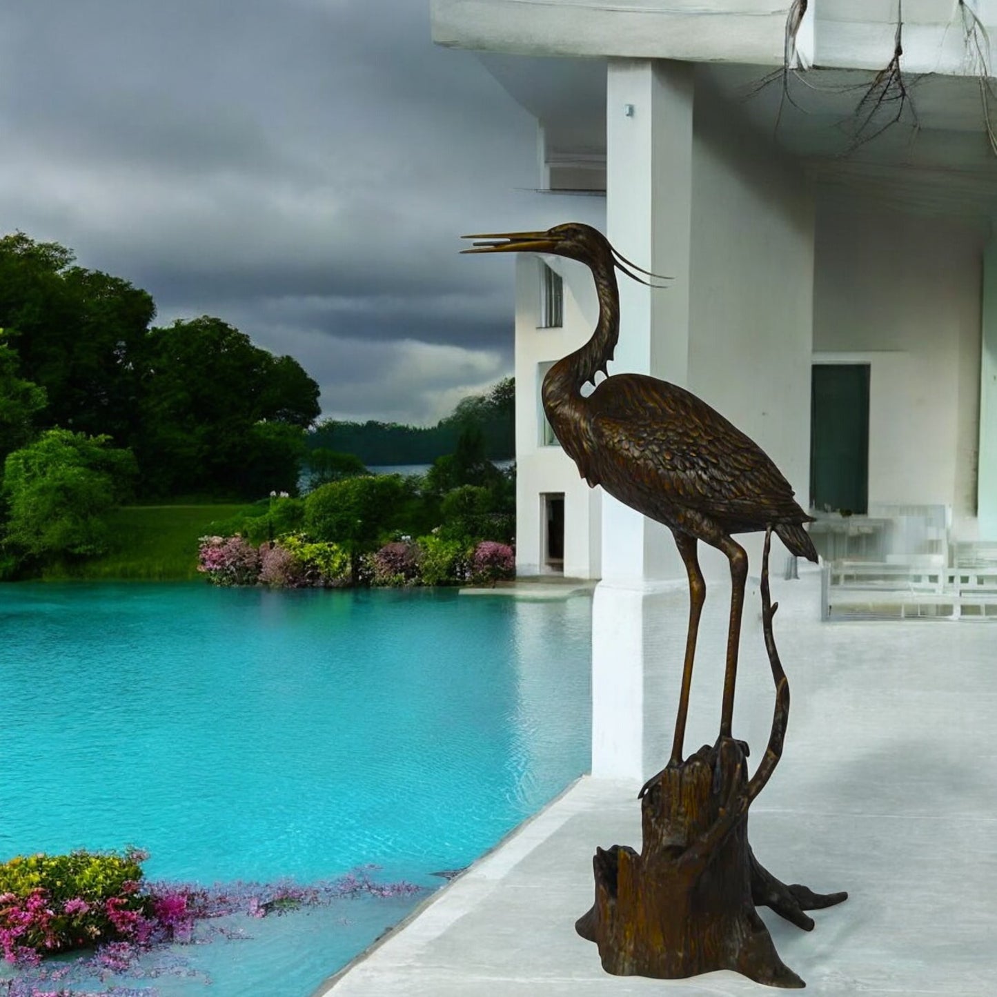 Great blue heron perched bronze statue Fountain -  Size: 22"L x 21"W x 49"H.