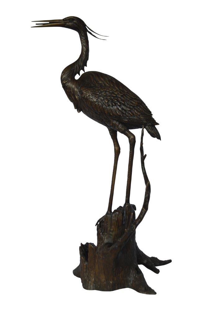 Great blue heron perched bronze statue Fountain - Size: 22"L x 21"W x 49"H.