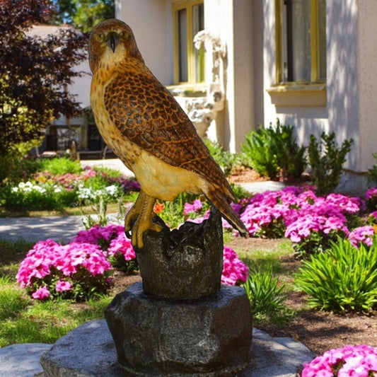 Hawk Bronze Statue standing on Stump on Marble - Size: 12"L x 15"W x 29"H.