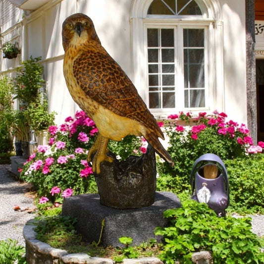 Hawk Bronze Statue standing on Stump on Marble -  Size: 12"L x 15"W x 29"H.