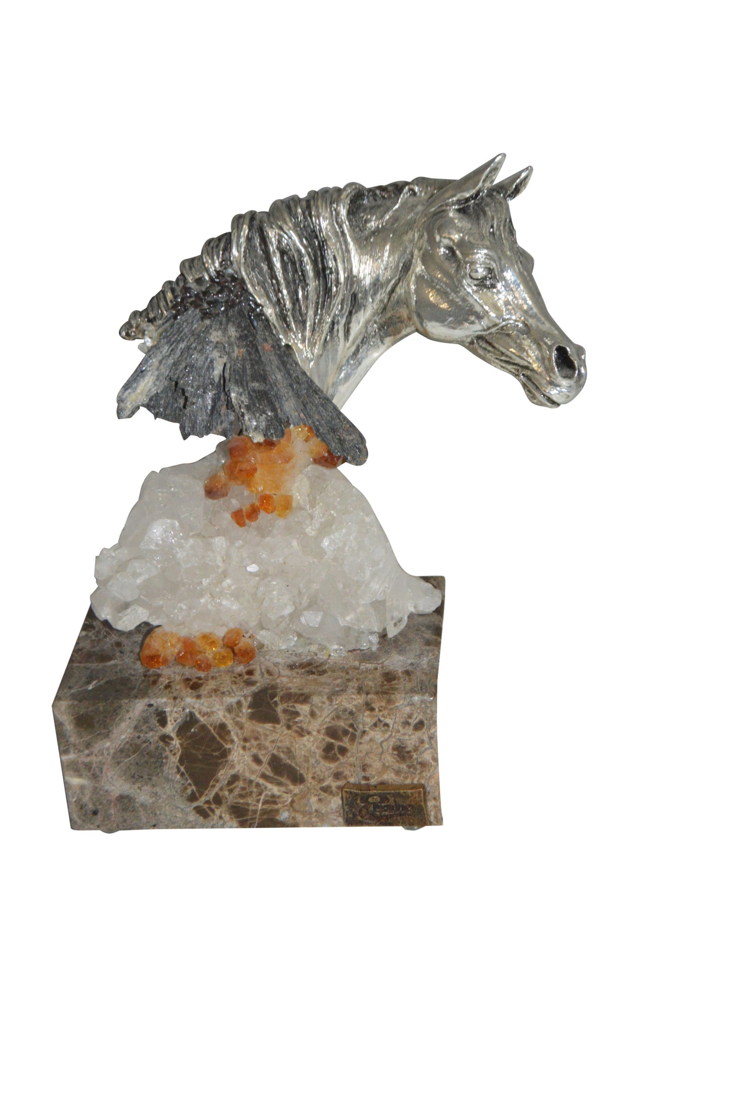 Horse on Crystal Stone mounted on Marble by Vidal - Size: 4"L x 9"W x 10"H.