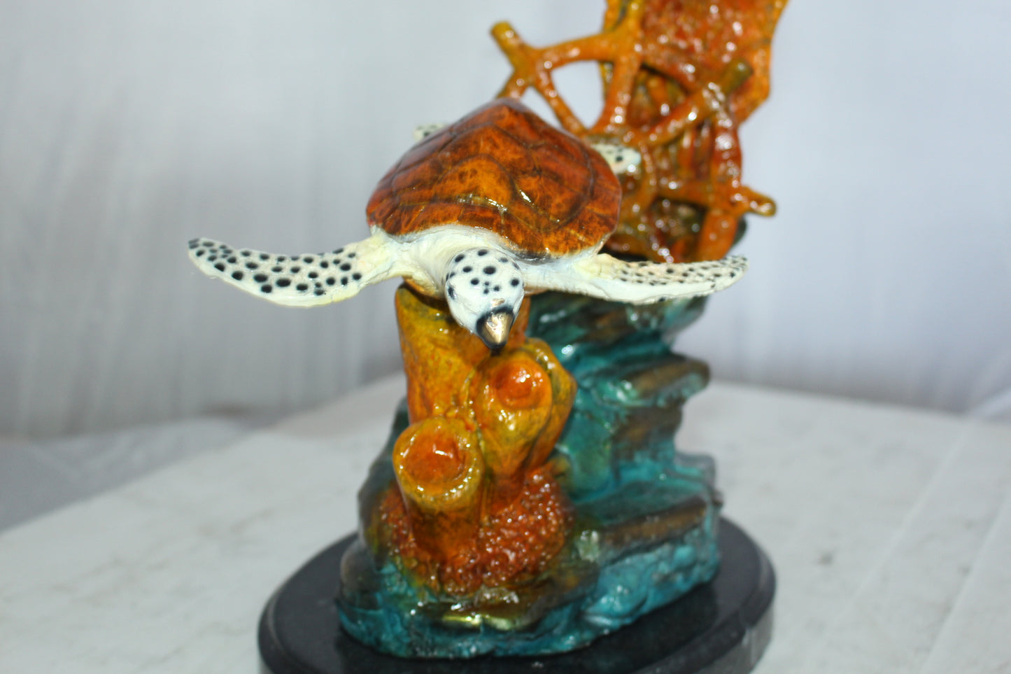 Two Dolphins with Turtle bronze statue - Size: 14"L x 8"W x 28"H.