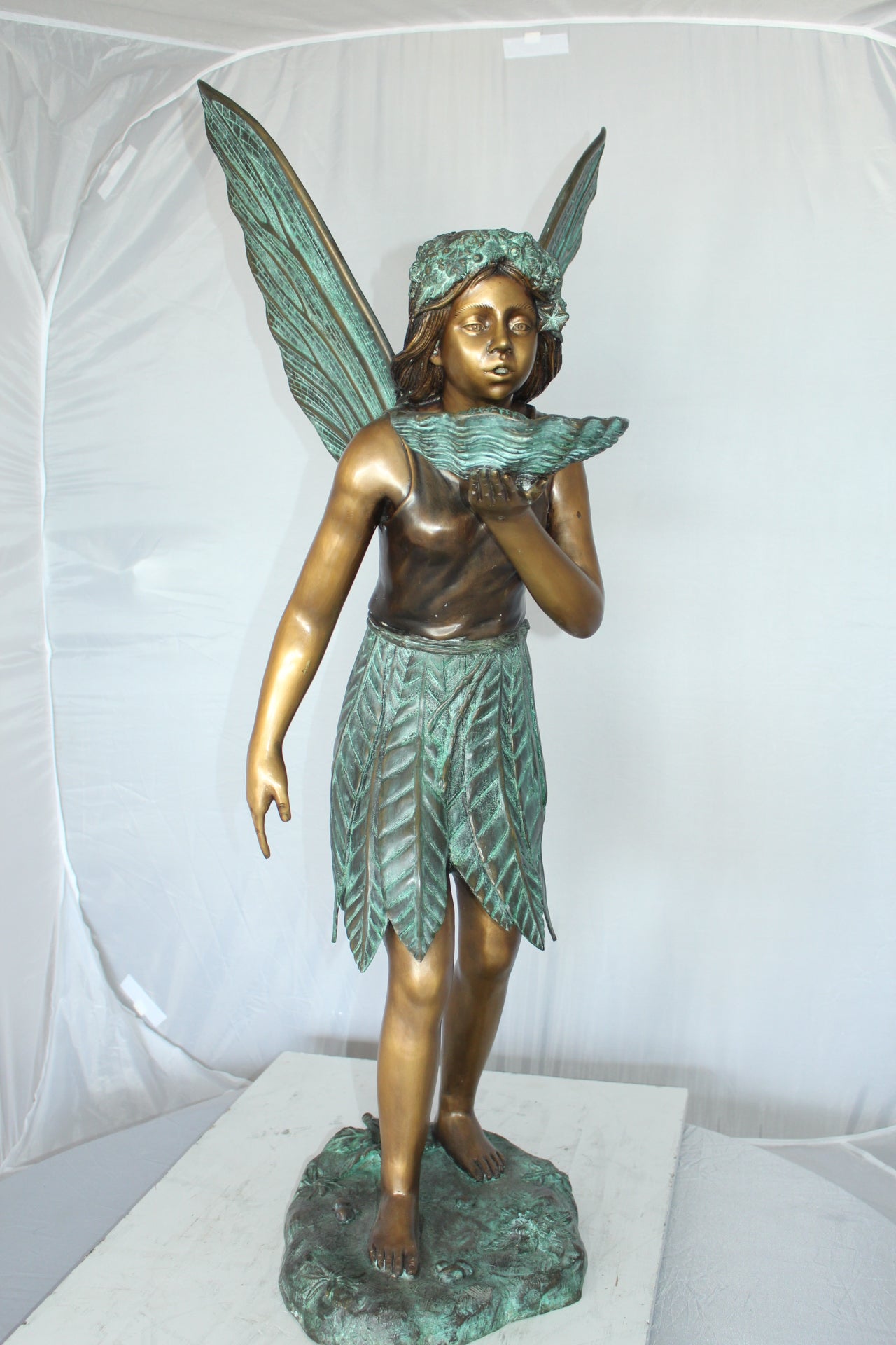 Angel holding a shell Bronze Statue - Fountain - Size: 18"L x 12"W x 43"H.