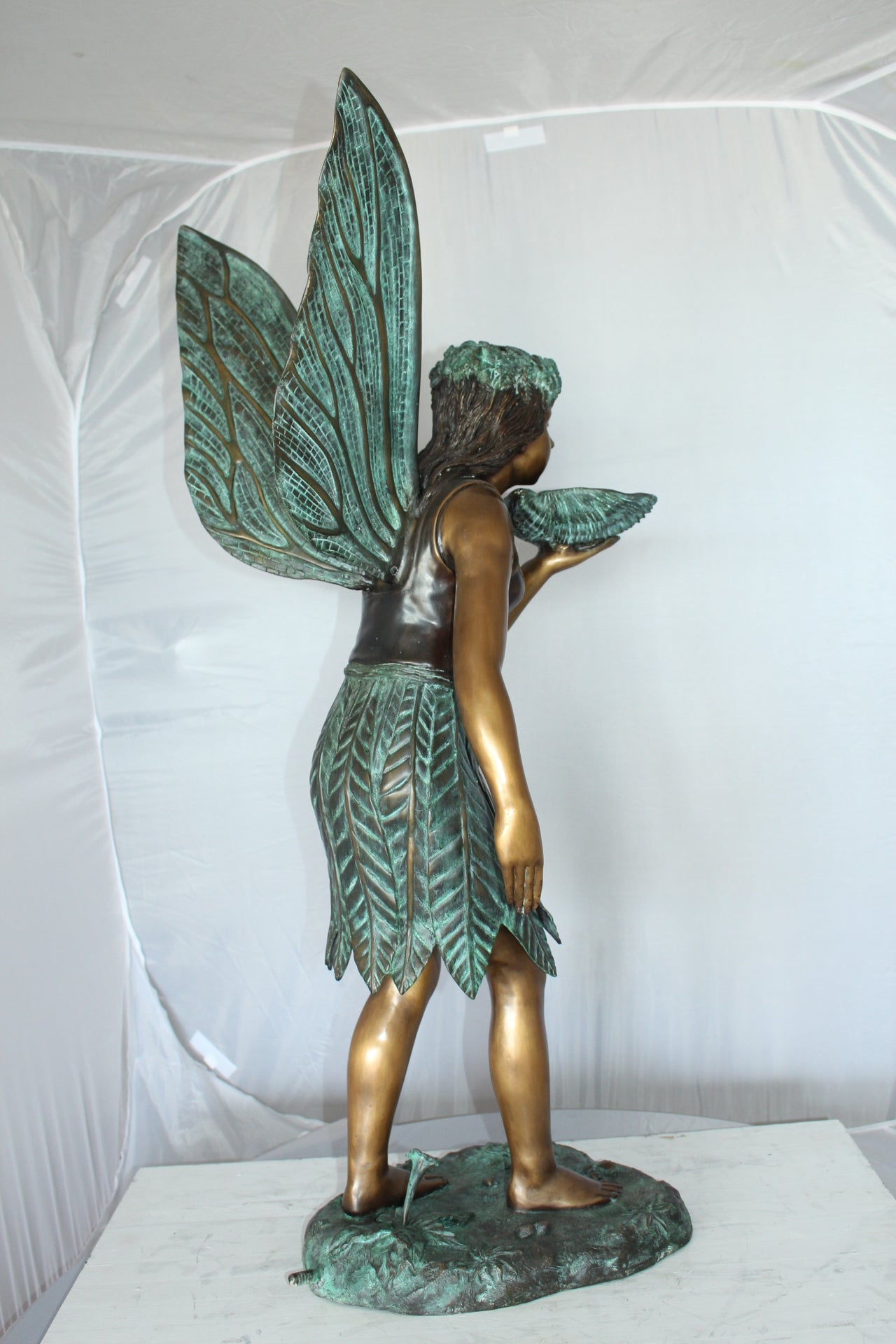 Angel holding a shell Bronze Statue - Fountain - Size: 18"L x 12"W x 43"H.
