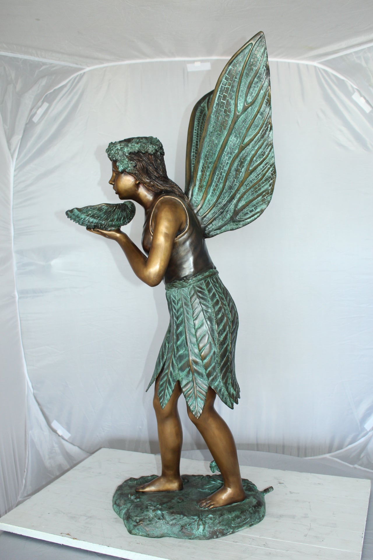 Angel holding a shell Bronze Statue - Fountain - Size: 18"L x 12"W x 43"H.
