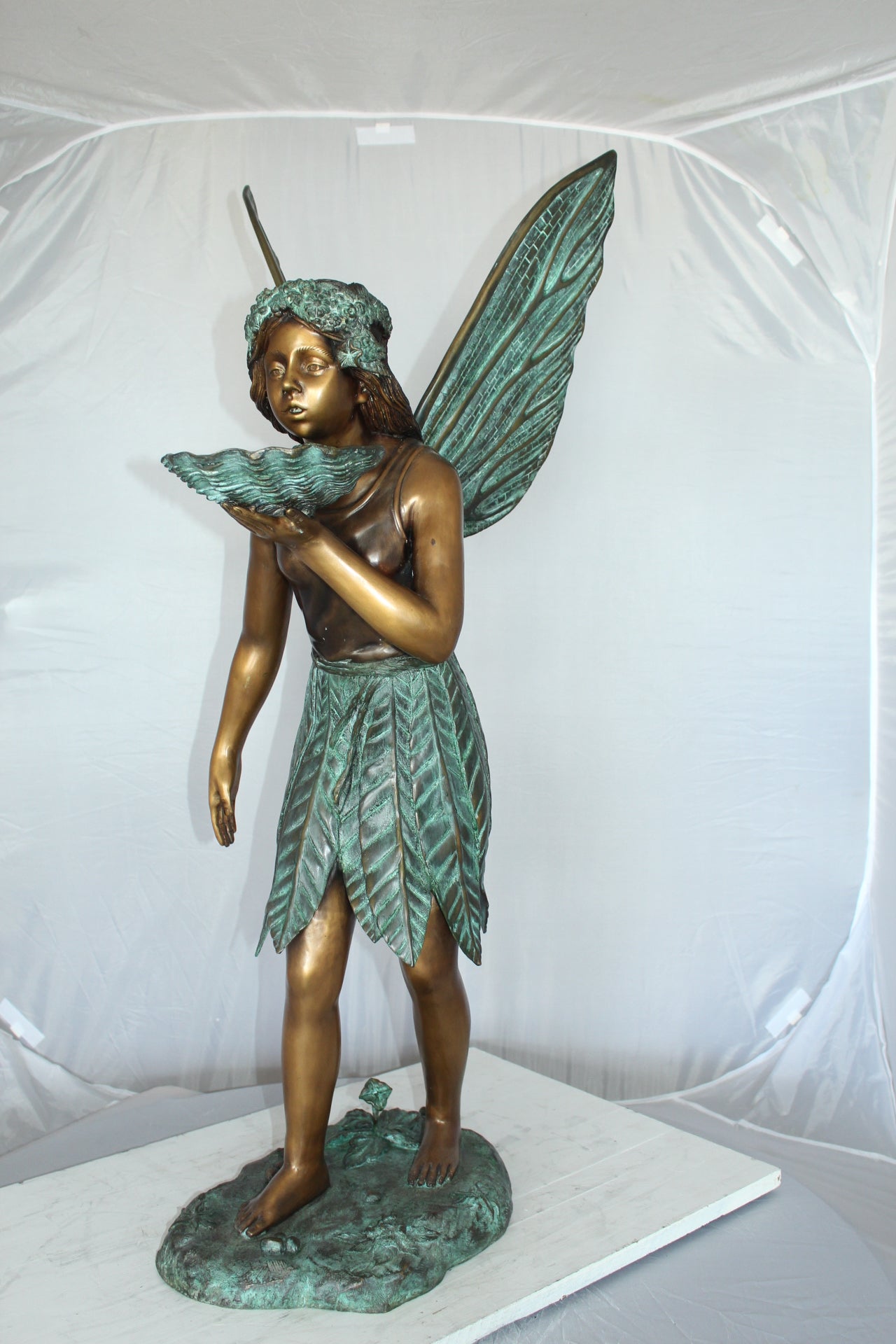 Angel holding a shell Bronze Statue - Fountain - Size: 18"L x 12"W x 43"H.