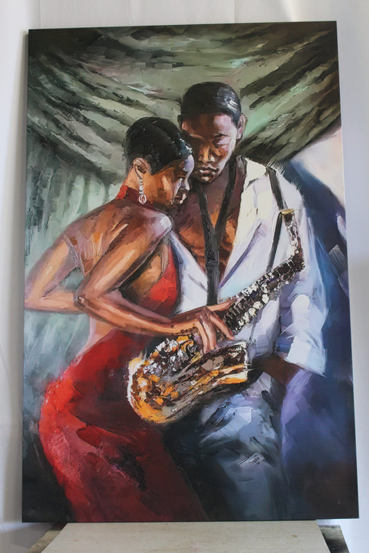 Giant Intimate Jazz Lovers Embracing Stretched Canvas Painting 70 x 45