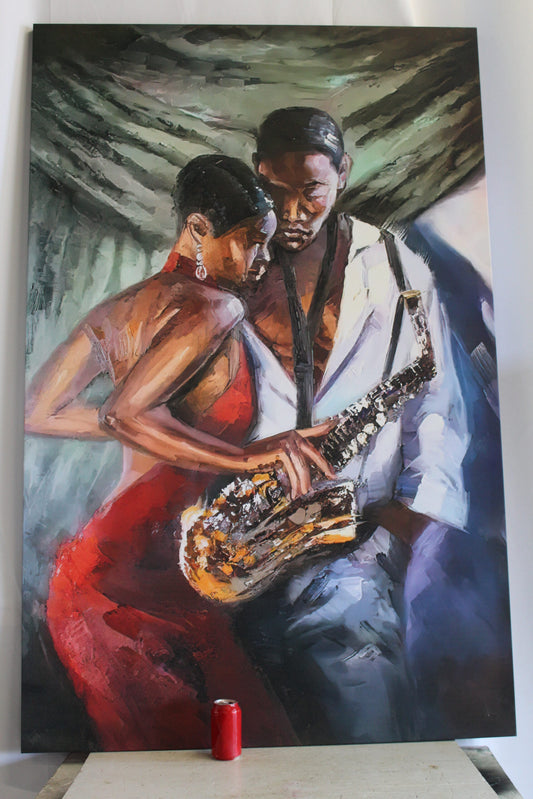 Giant Intimate Jazz Lovers Embracing Stretched Canvas Painting 70 x 45
