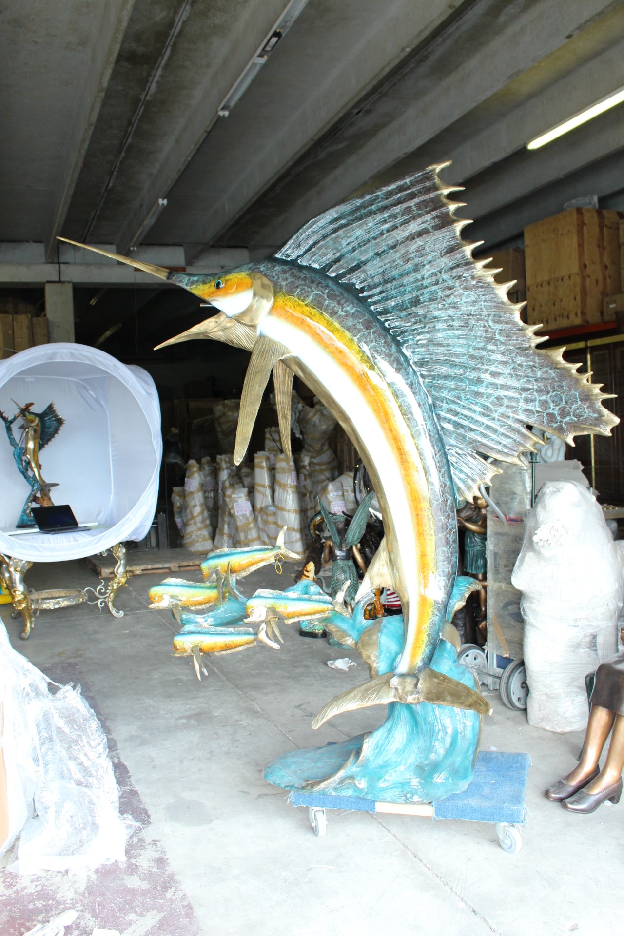 Sailfish - large with 4 Mahi Mahi Bronze Statue - fountain -  90"L x 34"W x 90"H