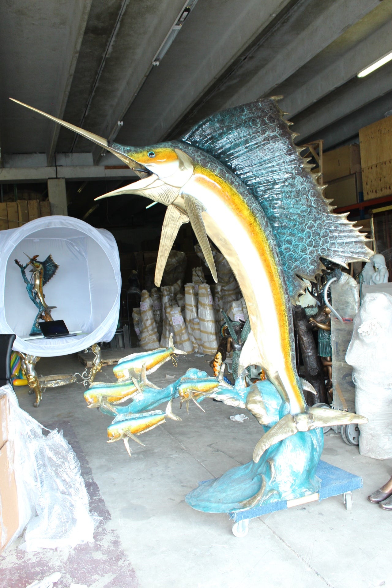 Sailfish - large with 4 Mahi Mahi Bronze Statue - fountain - 90"L x 34"W x 90"H