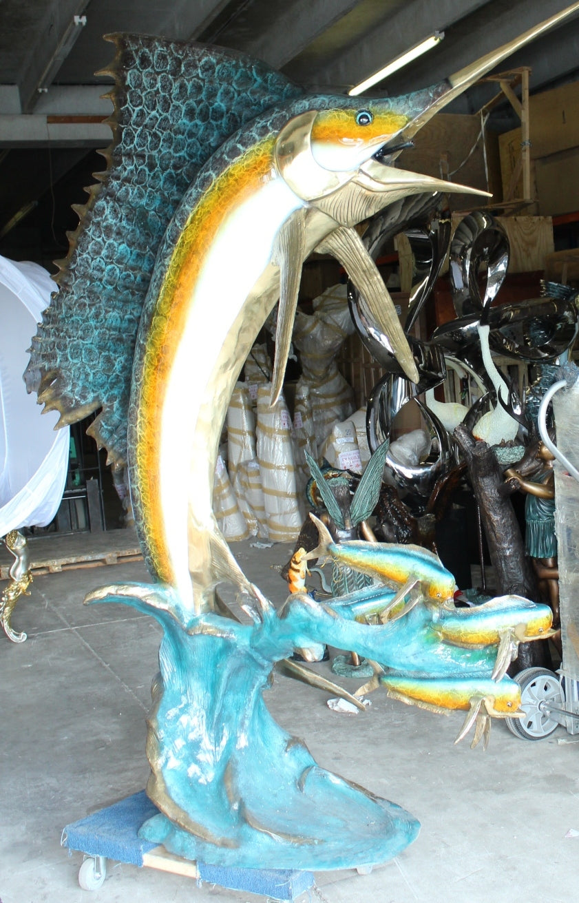 Sailfish - large with 4 Mahi Mahi Bronze Statue - fountain - 90"L x 34"W x 90"H