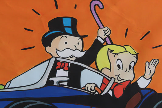 Monopoly Man and Richie Rich Driving in Paris Unframed Canvas Painting 52 x 74