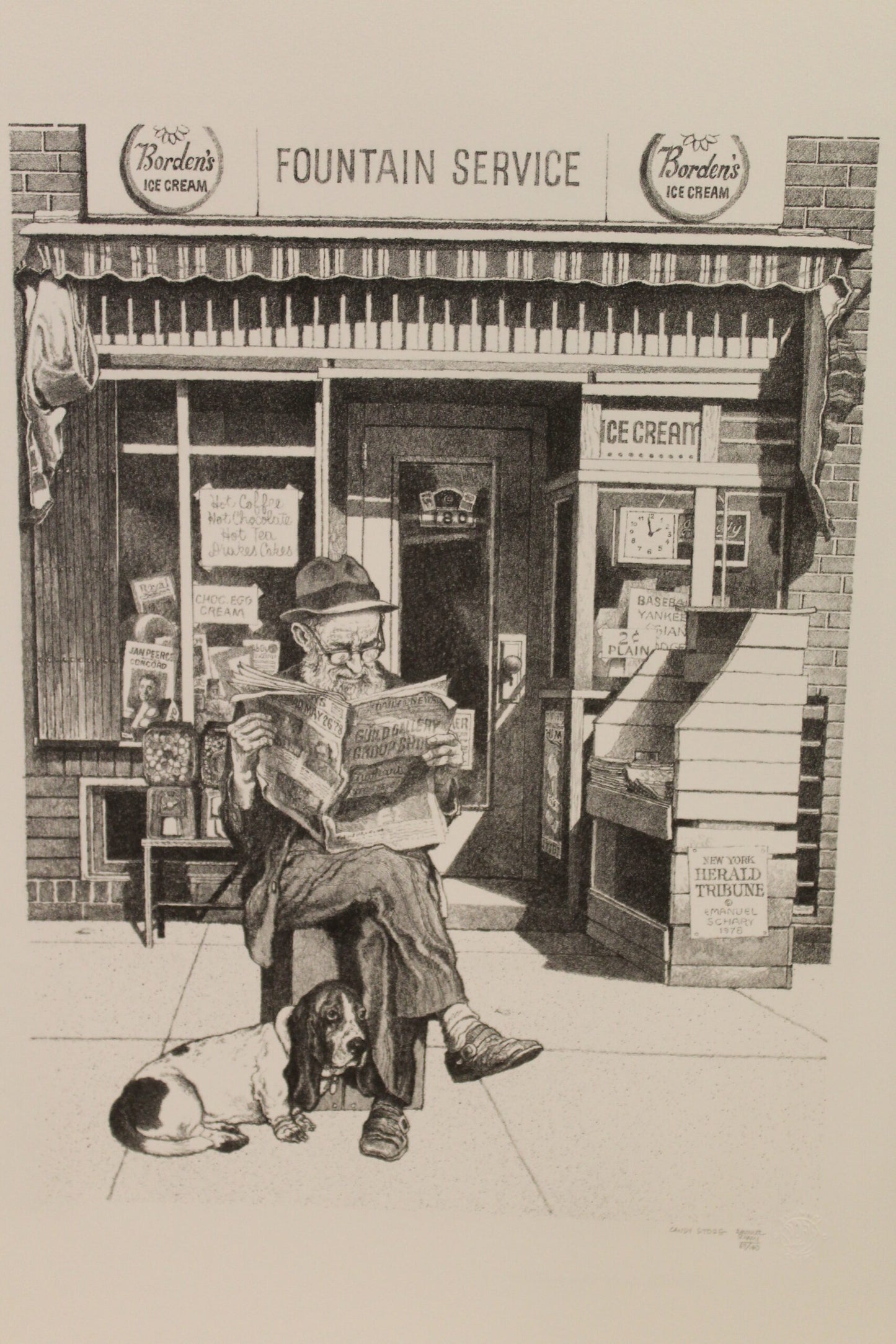 NIFAO Emanuel Schary “Candy Store” Lithograph – Black & White Nostalgic Fine Art Print, Vintage Street Scene with Newspaper Reader, Collectible Wall Drcor 12 x 16