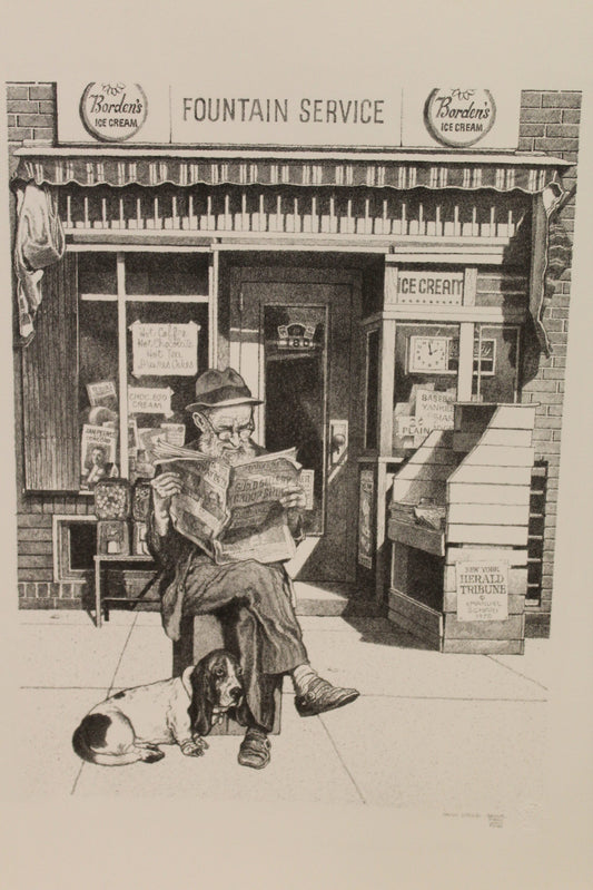 NIFAO Emanuel Schary “Candy Store” Lithograph – Black & White Nostalgic Fine Art Print, Vintage Street Scene with Newspaper Reader, Collectible Wall Drcor 12 x 16