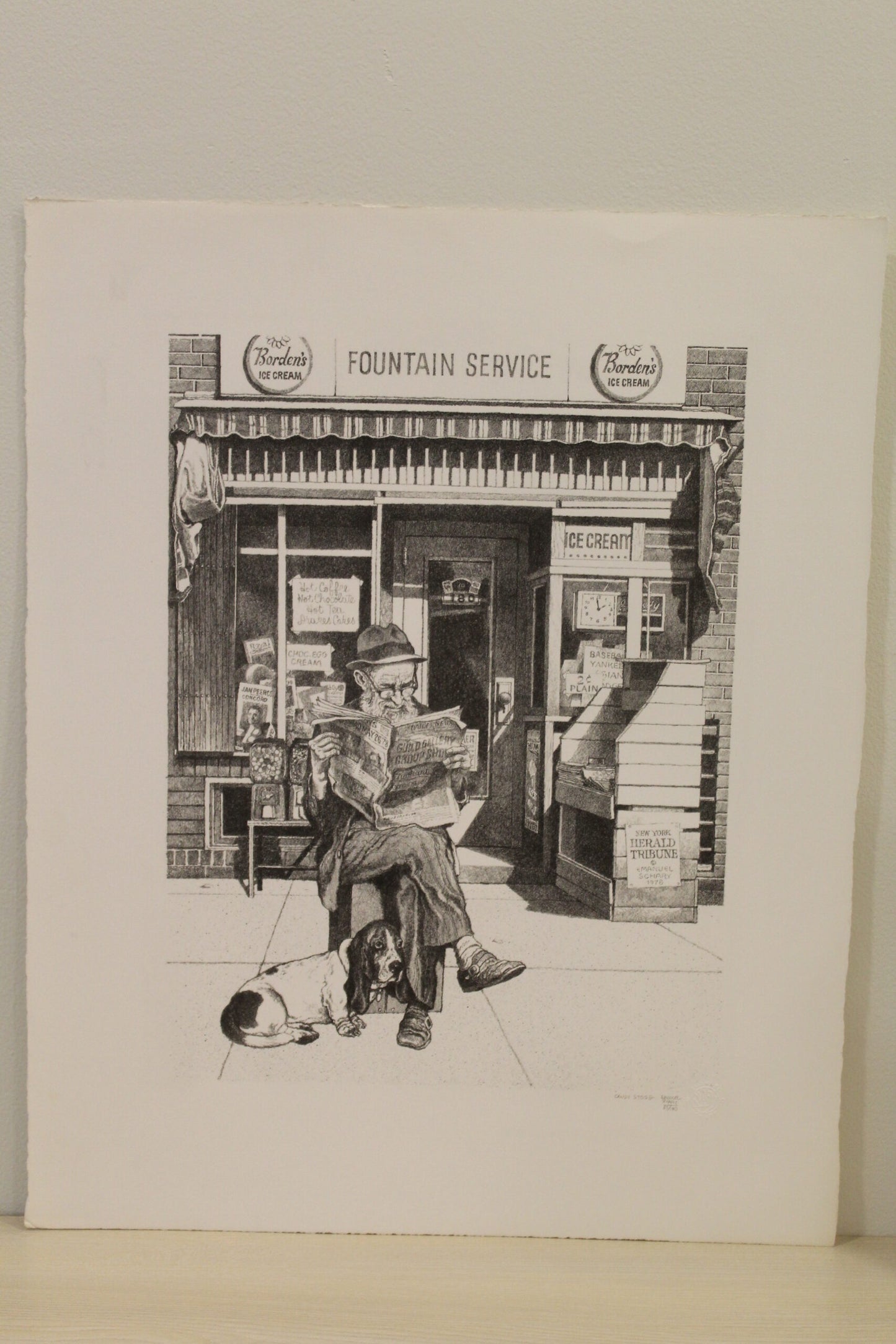 NIFAO Emanuel Schary “Candy Store” Lithograph – Black & White Nostalgic Fine Art Print, Vintage Street Scene with Newspaper Reader, Collectible Wall Drcor 12 x 16