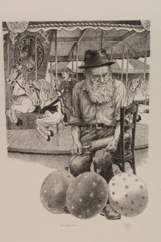 Balloon Man by Emanuel Schary Black and White Lithograph 10 x 15