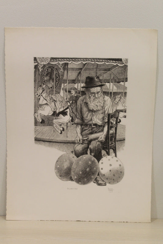 Balloon Man by Emanuel Schary Black and White Lithograph 10 x 15