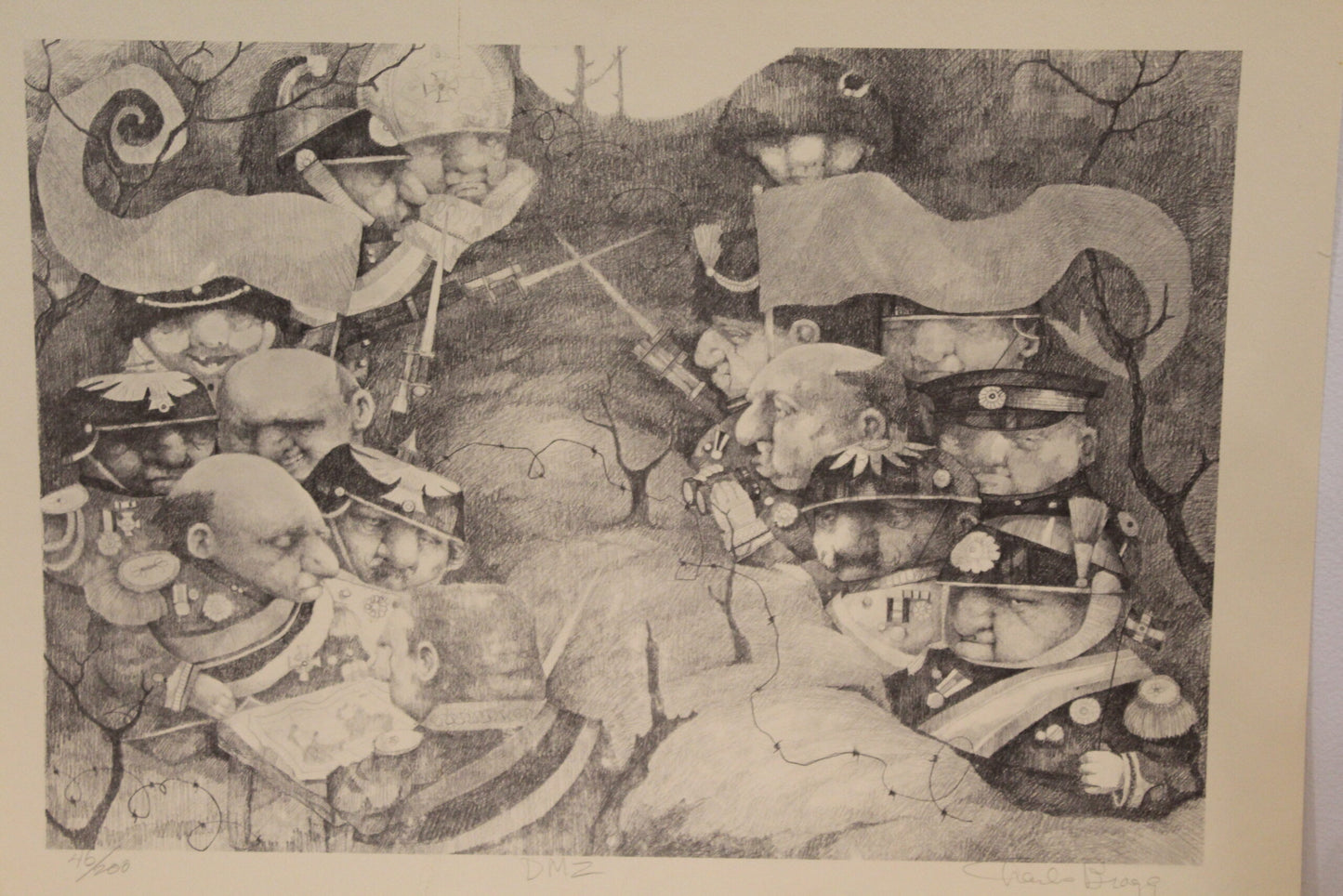 Nifao DMZ signed by Charles Bragg Monochromaric Charles Bragg Signed Lithograph “DMZ” – Limited Edition Satirical Fine Art Print, Collectible Wall Decor, 20"x14"